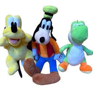 Disney Goofy and Pluto Plushies and Super Mario Yoshi Plushie